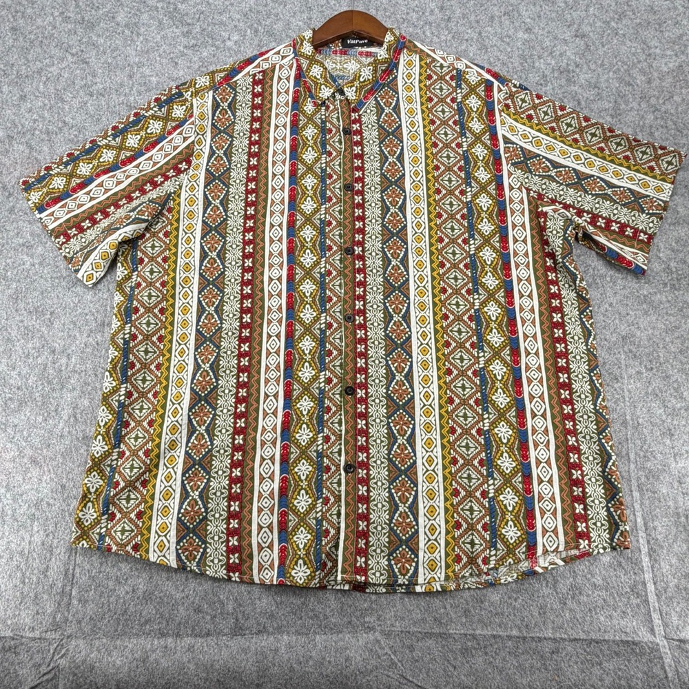 VatPave Mens XL Tribal Geometric Striped Short Sleeve Button Down Shirt Olive